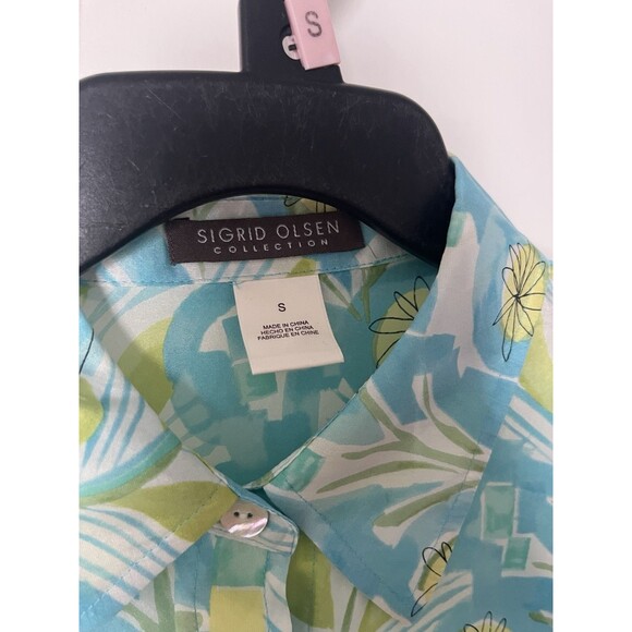 Sigrid Olsen 100% Silk Blouse Size Small Blue Green Retro 70’s Print Preppy - Picture 7 of 7